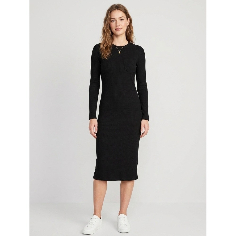 Madewell Black Ribbed Long Sleeve Midi Dress Size XS